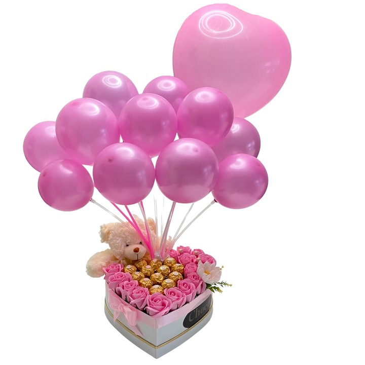 Cutie Cadou, ChocoBox, include 1 Ursulet, 15 Trandafiri, 13 Ferrero Rocher si 11 Baloane