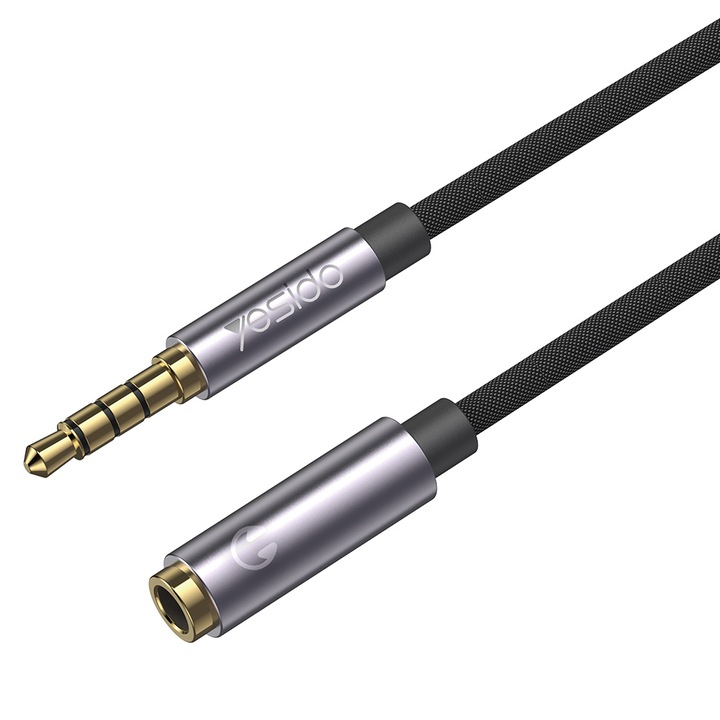 Cablu audio prelungitor, Jack 3.5mm tata la Jack 3.5mm mama, 1m lungime, textil, Negru