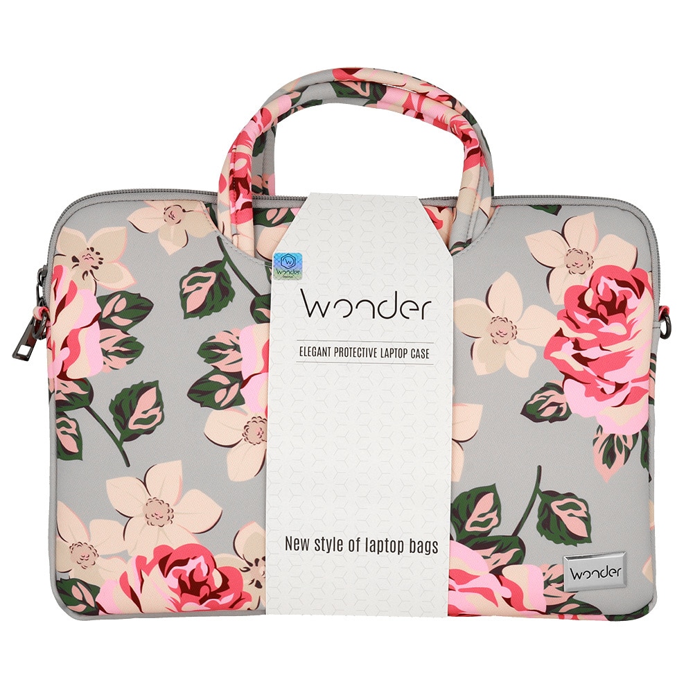 Geanta de Laptop Wonder, Model Trandafiri pentru Laptop de 13/14 inch, Doua Compartimente, Dimensiune 35.5x25cm, Gri
