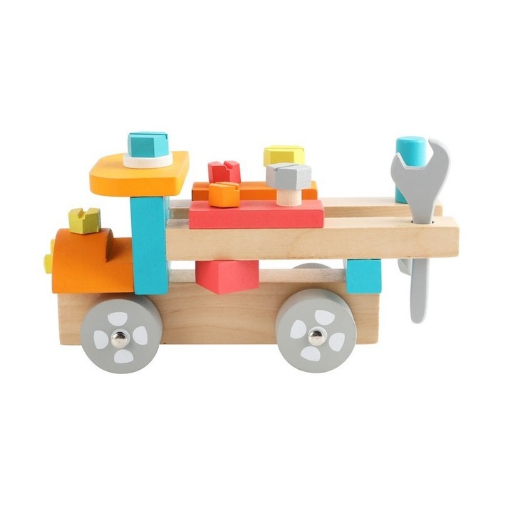 Banc de lucru Camion, FamousKids®, lemn, 8 piese si uneltele necesare