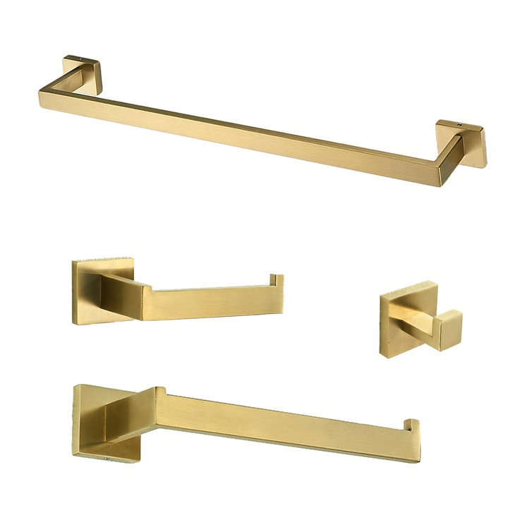 Set accesorii baie, auriu nichelat, cu montaj pe perete, 4 piese