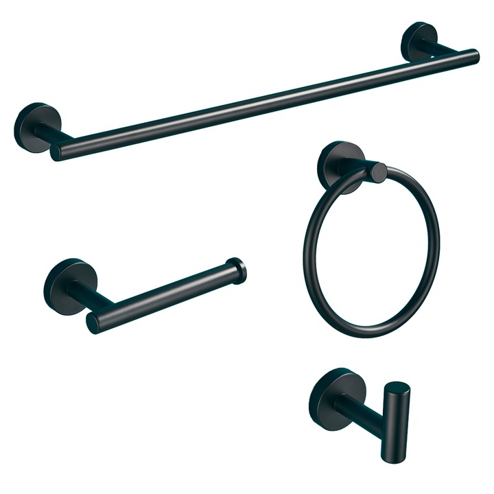 Set accesorii baie, cu montaj pe perete, negru mat, 4 piese