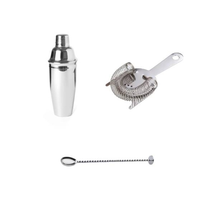 Комплект от 3 части за бар, Hendi, Шейкър за коктейли, Бар лъжица, Цедка за коктейли