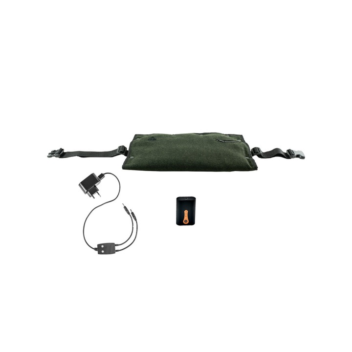 Incalzitor electric outdoor 2 in 1 manson si perna Alpenheat, impermeabil si respirabil, autonomie 2-10 ore, 4 nivele, baterii reincarcabile, 50x40x3 cm, 240 g, verde