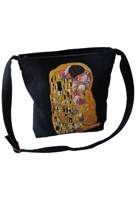 Geanta dama, neagra, pictata manual, Sarutul de Klimt, 33x30x8cm