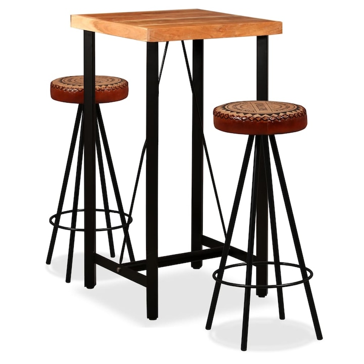 Set de bar, 3 buc., lemn masiv acacia, piele naturala si panza, Design Modern Mobilia2041