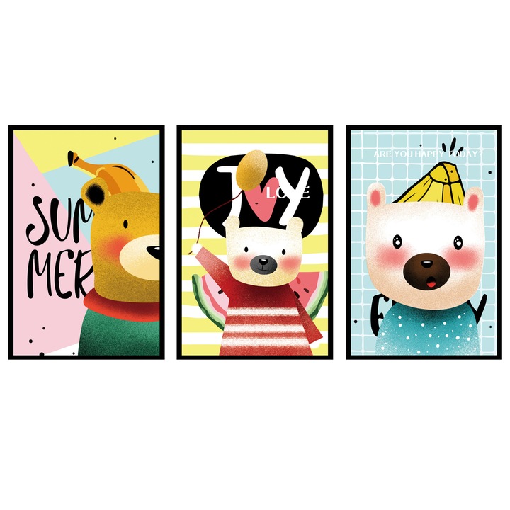 Set Tablouri Canvas - Colectia Camere de Copii, Ursuleti, 3 Piese, Multicolor, 90x50 cm