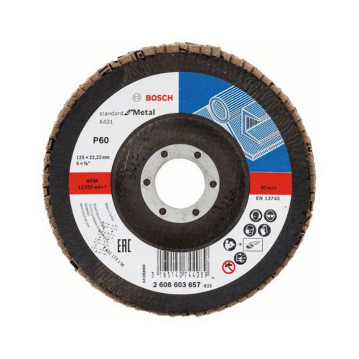 Disc lamelar frontal pentru metal Bosch Standard 2608603657, 125 mm diametru, 60 granulatie