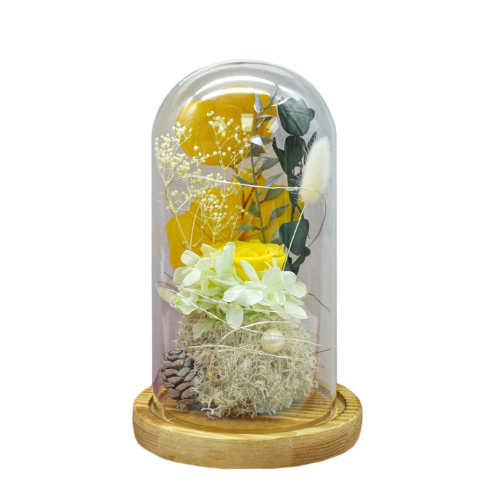 Naimeed D4050 virágdísz, üvegkupolában, LED fény, 10x19 cm, sárga