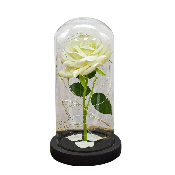 Aranjament floral in cupola de sticla, lumina Led, D4007, Alb, 9x20 cm