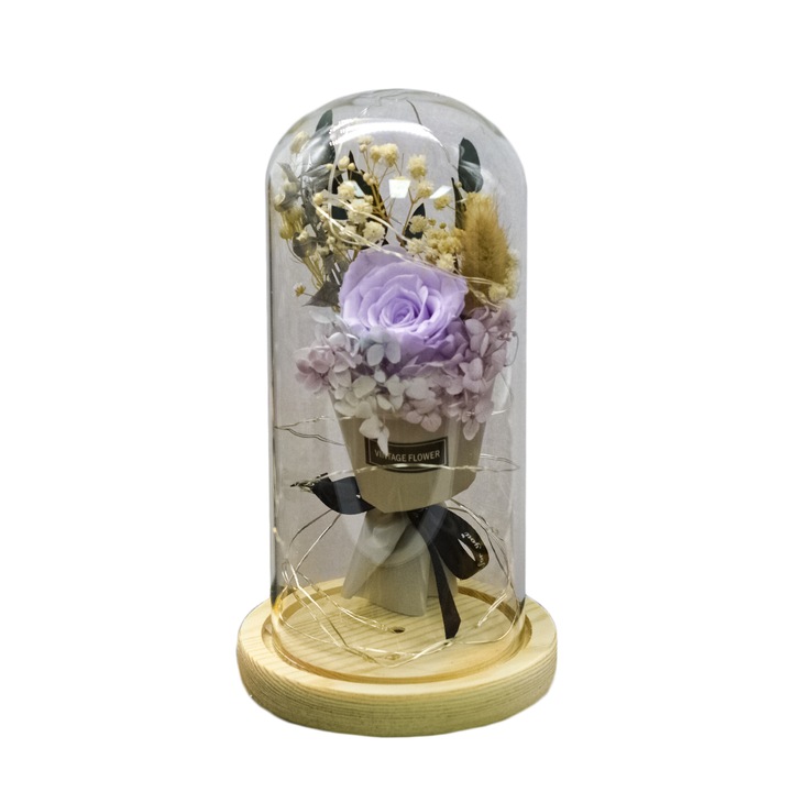 Aranjament floral in cupola de sticla, lumina Led, D4015, Mov, 9x20 cm