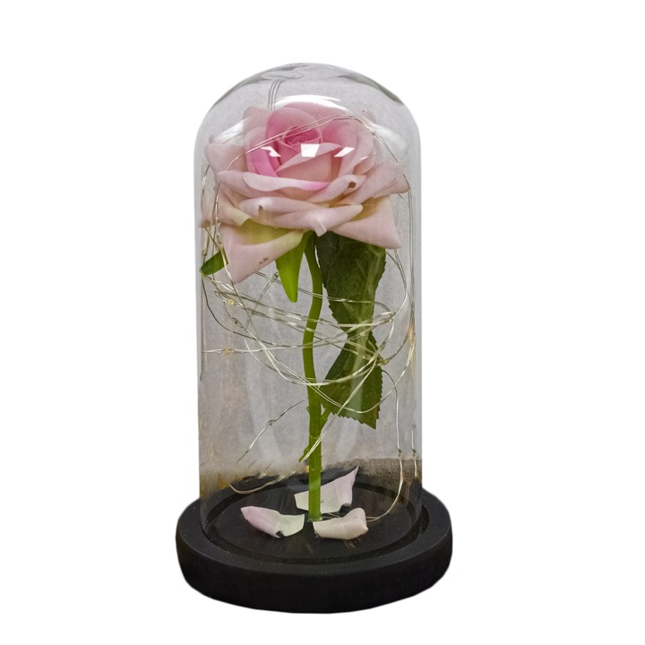 Aranjament floral in cupola de sticla, lumina Led, D4007, Roz pal, 9x20 cm