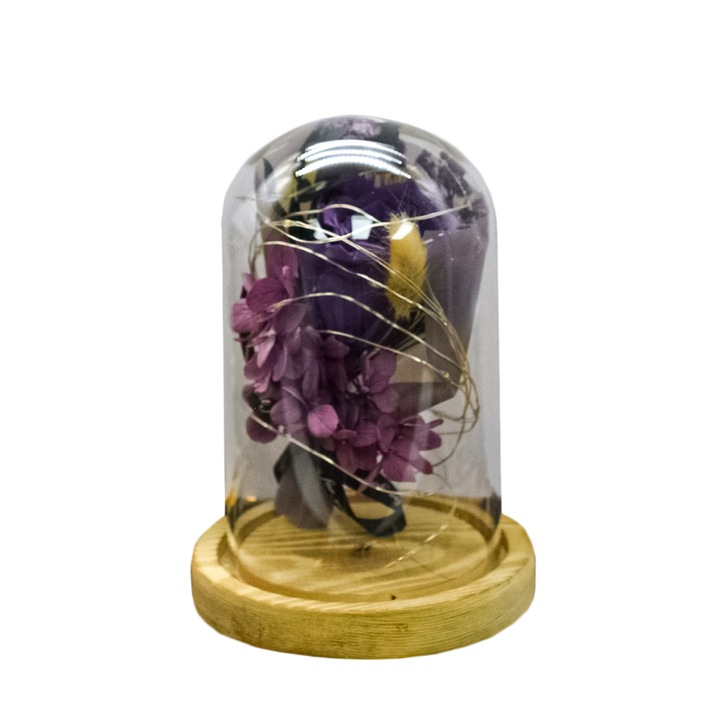 Aranjament floral in cupola de sticla, lumina Led, D4016, Mov, 9x15 cm