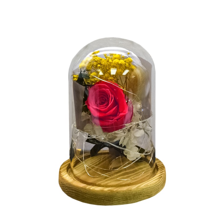 Aranjament floral in cupola de sticla, lumina Led, D4016, Rosu, 9x15 cm
