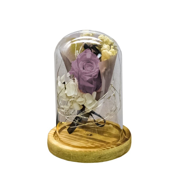 Aranjament floral in cupola de sticla, lumina Led, D4016, Roz pal, 9x15 cm