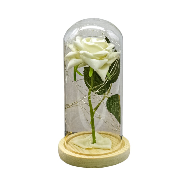 Флорална аранжировка в стъклен купол, LED светлина, D4028, Бяла, 9x20 см