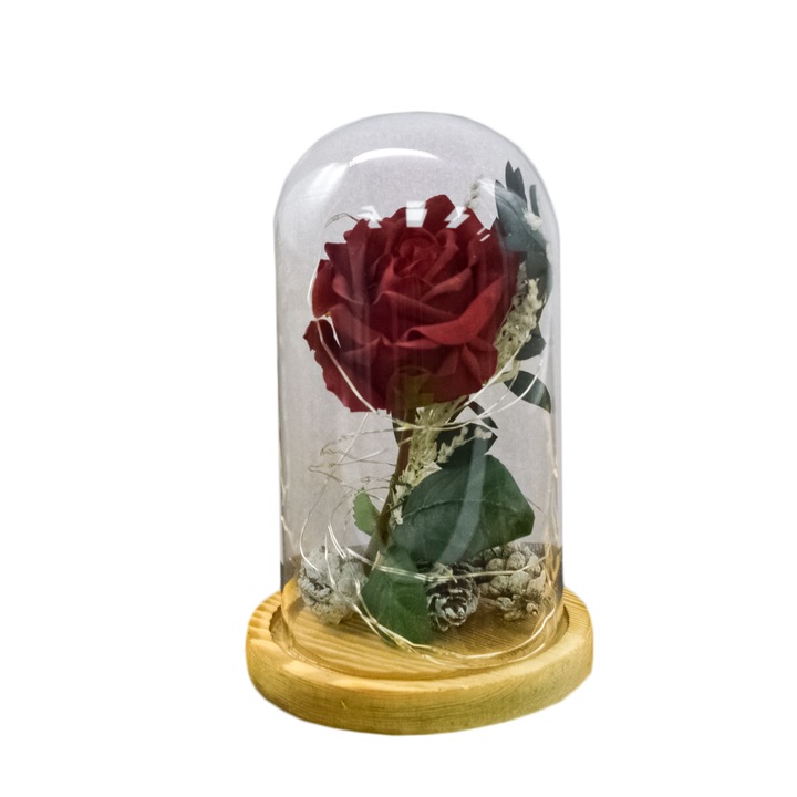 Naimeed D4029 virágdísz, üvegkupolában, LED fény, 10x19 cm, piros