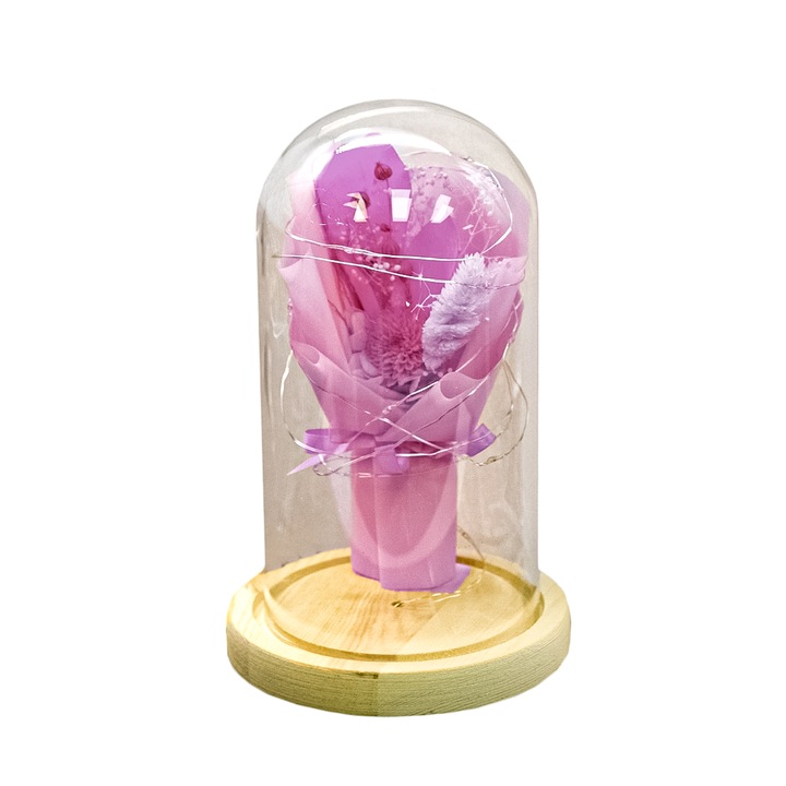 Naimeed D4037 virágdísz, üvegkupolában, LED fény, 10x19 cm, rózsaszín