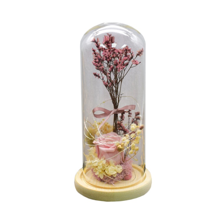 Aranjament floral in cupola de sticla, lumina Led, D4048, Roz, 10x25 cm