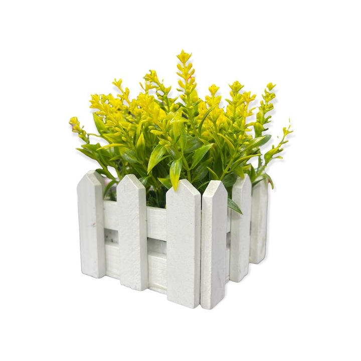 Ghiveci lemn cu planta artificiala verde, flori galbene,14 cm
