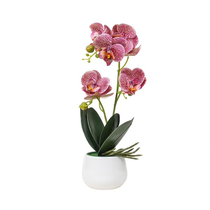 Орхидея с естествен вид в бяла керамична саксия, H 38 см/ CD4560, Многоцветен
