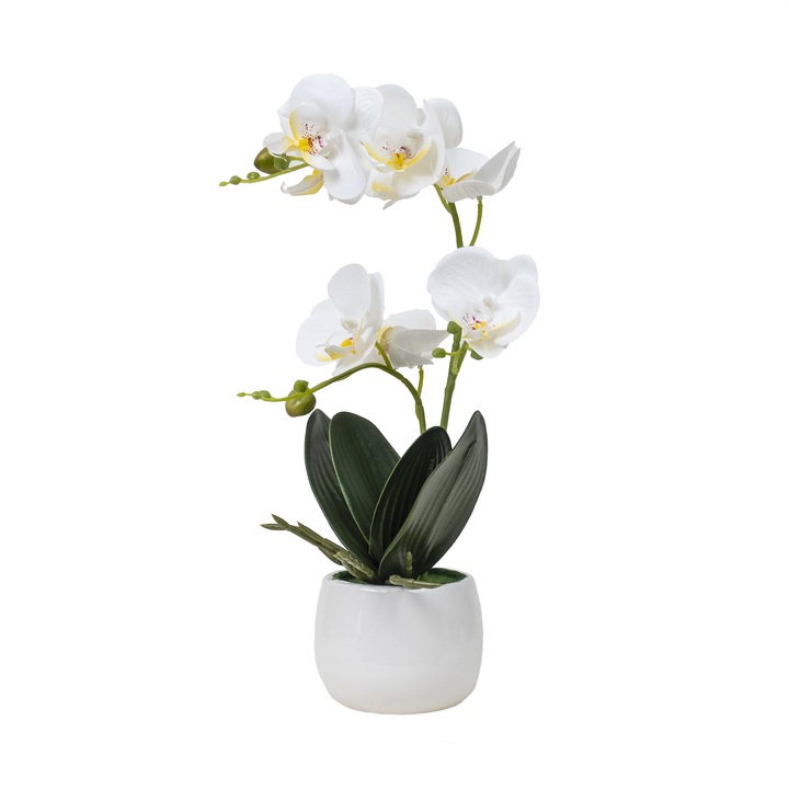 Orhidee cu aspect natural in ghiveci ceramic alb, H 38 cm/ CD4560-alb