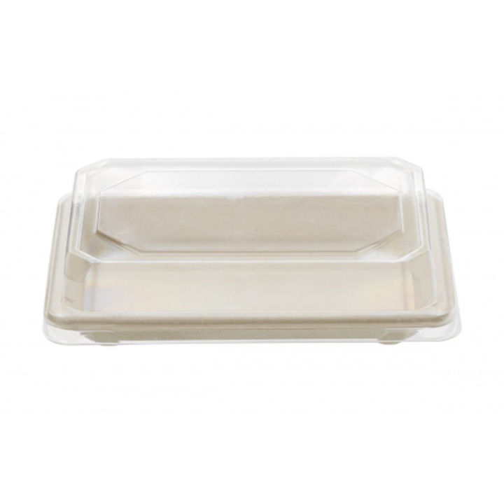 50 db-os, 16,5 x 11,5 x 2,1 cm-es téglalap alakú, biológiailag lebomló, fedős tálca készlet, sushihoz