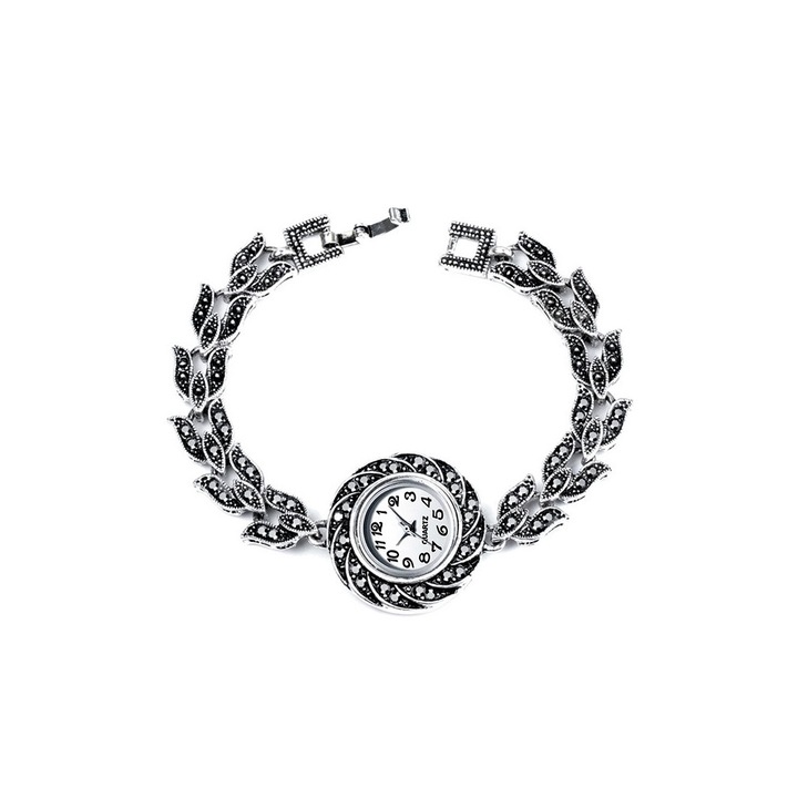 Ceas de mana de dama vintage cu bratara cu lalele si hematite Argintiu