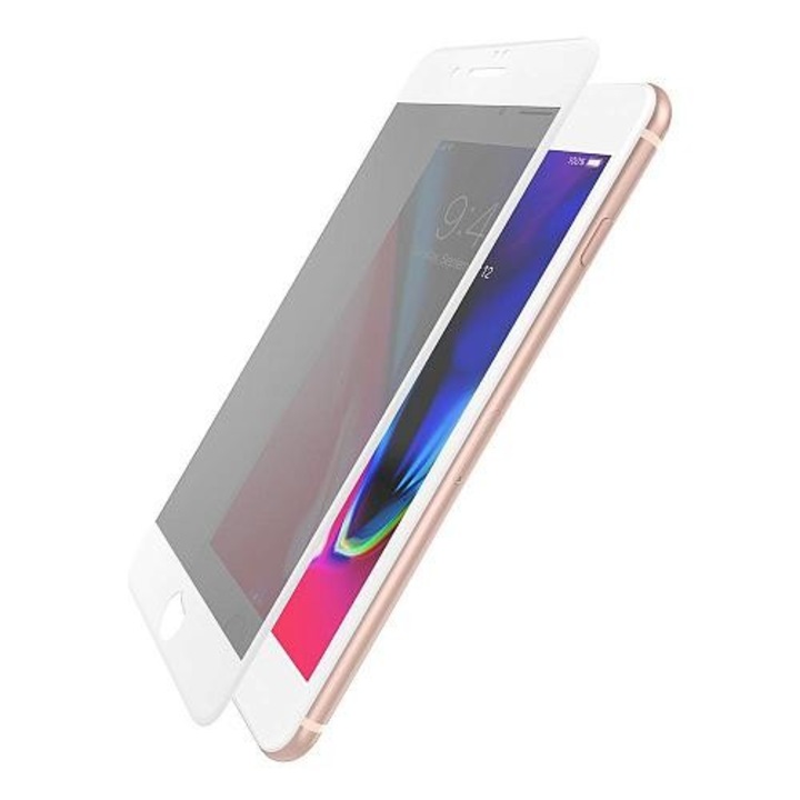 iPhone 7 / 8 / SE 2020 / SE 2022 kompatibilis üvegfólia, előlapi, 3D, edzett, hajlított, betekintés védelemmel, fehér kerettel, Dotfes E05