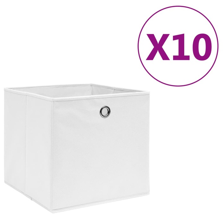 Set de 10 cutii de depozitare pliabile vidaXL, Tesatura, 28 x 28 x 28 cm, Alb