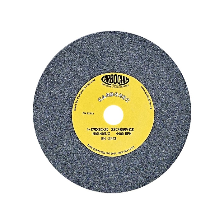 Piatra de polizor, corp abraziv cilindric plan, Carbochim, 175x20x20 22C46M5V1CE cu liant ceramic pentru rectificare, ascutire widia