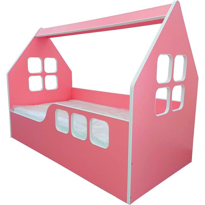 Pat tip casuta pentru copii NOVOKIDS™ Magic Pink House, 160x80 CM, Pal 18 mm, Margini anti-lovire, Protectie Laterala cu montare universala, Roz