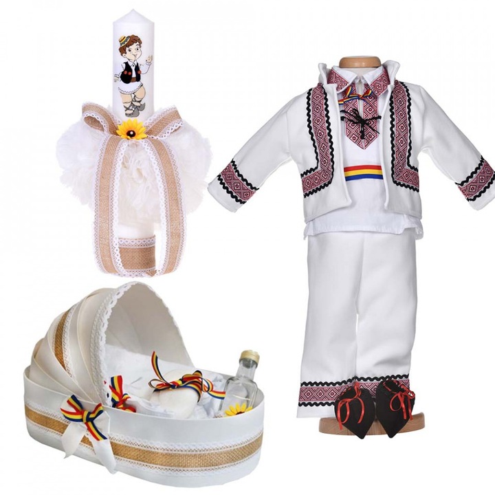 Set botez popular baietel, trusou botez landou, lumanare si costum traditional, 6 - 9 luni, Denikos® 1049