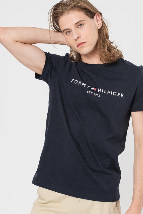Tommy Hilfiger, Тениска от органичен памук с лого и надписи, Ултрамарин синьо