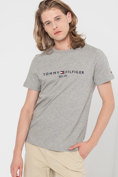 Tommy Hilfiger, Organikuspamut póló hímzett logóval, Melange szürke