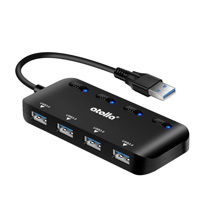 Хъб Atolla, USB 3.0, 4 порта, Led, Черен