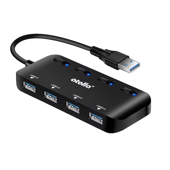 Hub USB 3.0, Atolla, 4 porturi, Led, Negru