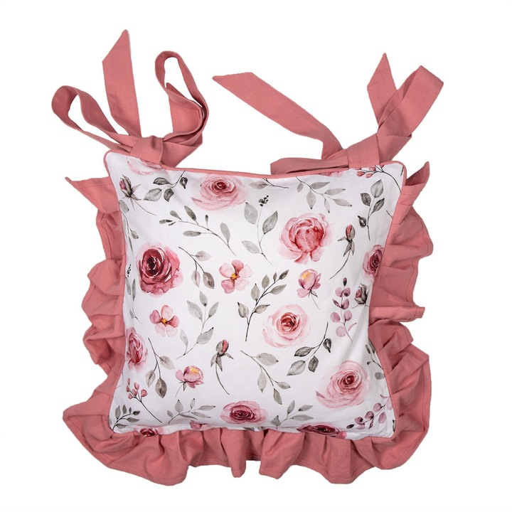 Husa perna de scaun Clayre & Eef Rustic Rose, Bumbac, 40x40 cm, Alb/Rosu