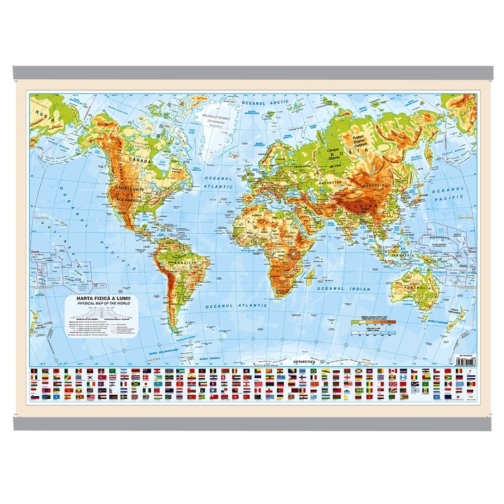 Harta dubla Lumea Fizica/Politica (fata / verso), 50 x 70 cm, cu 2 baghete