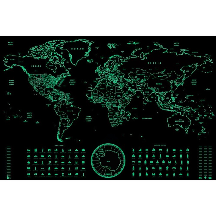 GLOW карта на света - свети в тъмното, 90х60 см