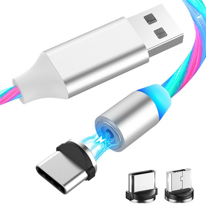 Mágneses 3 az 1-ben töltő- és adatátviteli kábel, LED Flowing, USB A - USB Type-C/Micro-USB/Lightning, 1 m hosszú, többszínű