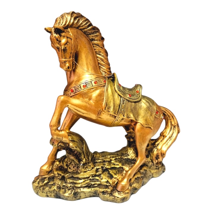 Statueta Cal, maro antichizat, cu aplicatii de pietre rosii, realizata manual, 32x36x14