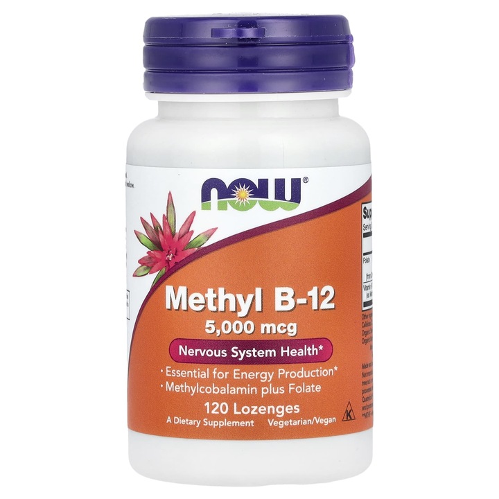 Methyl B-12 Methylcobalamin plus Folate, 5000mcg, Now Foods, 120 drajeuri