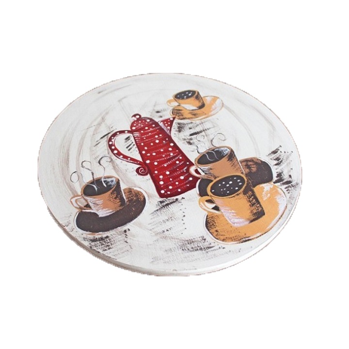 Platou rotativ din lemn, Ceainic, pictat manual, diametru 35 cm