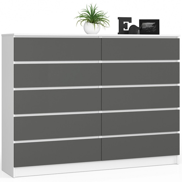 Comoda pentru sufragerie K Akord Furniture Factory, 10 sertare, PAL, 160 x 121 x 40 cm, Alb/Gri