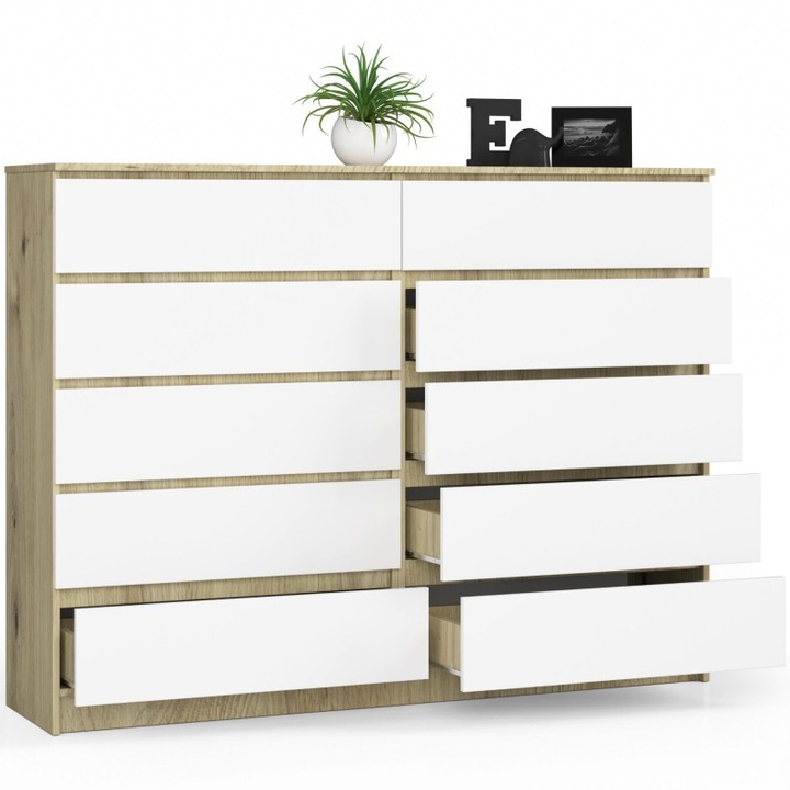 Comoda pentru sufragerie K Akord Furniture Factory, 10 sertare, PAL, 160 x 121 x 40 cm, Maro stejar/Alb
