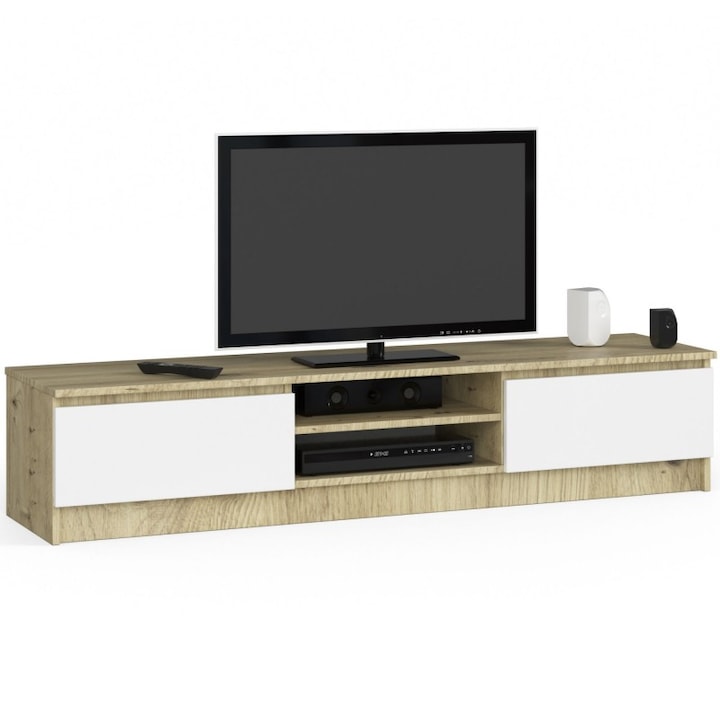 Comoda TV cu 2 usi si rafturi centrale, PAL laminat, 160x40x33 cm, stejar artisan si alb