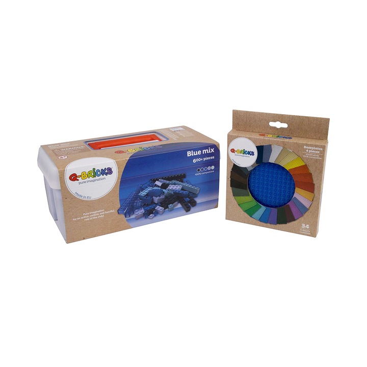 Set de constructie, Q-Bricks, Model Blue Mix, 600 de piese, Diferite dimensiuni, 3 ani +, Albastru