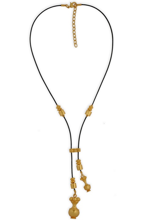 Colier piele cu separatoare si doua pandantive vas ceremonial poporo, cultura Quimbaya, placat cu aur de 24 K, lungime 45 - 50 cm