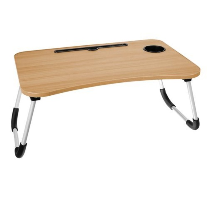 Сгъваема маса за лаптоп, поставка за чаша и телефон, дърво, кремав, 60x28x40 см